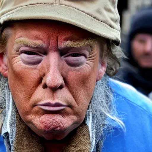 Image similar to donald trump dressed as a homeless man living in the slums