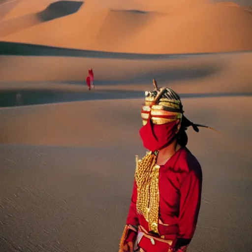 Prompt: 8k pov of a tribe in the desert, Cinestill 800t, cinematic, trending on Flickr, wear red tunics and gold mask and jewels