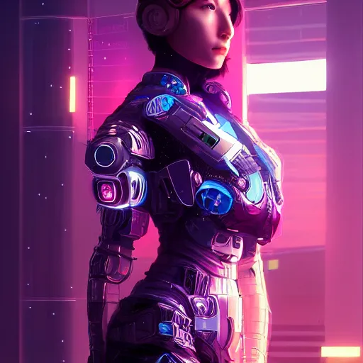 Image similar to portrait futuristic Cyber warrior Girl, in future cyberpunk tokyo rooftop , ssci-fi, fantasy, intricate, very very beautiful, elegant, neon light, highly detailed, digital painting, artstation, concept art, smooth, sharp focus, illustration, art by tian zi and WLOP and alphonse mucha