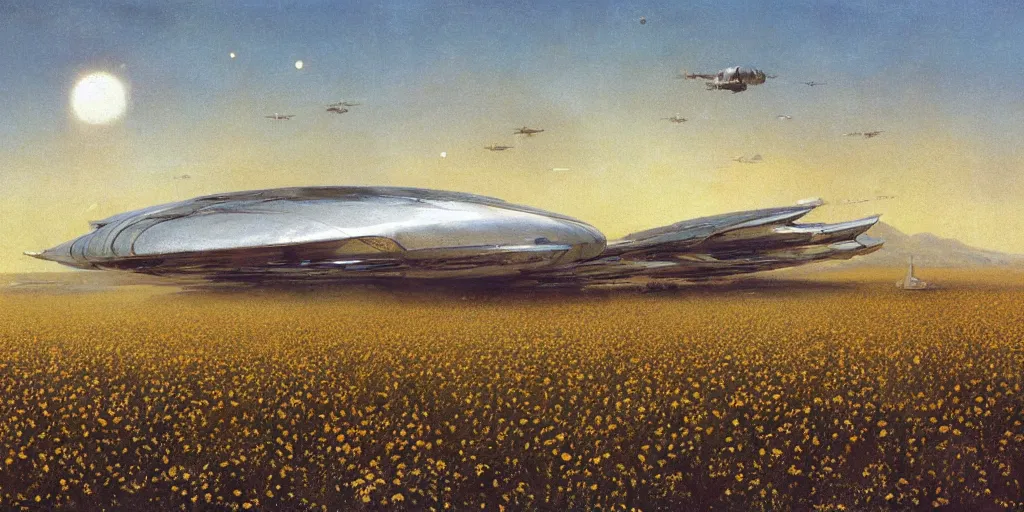 Image similar to Fernand Khnopff white giant spaceship starship battlestar airship in center on tansy wormwood field, snowy mountain afar by Fernand Khnopff by john berkey, oil painting, concept art