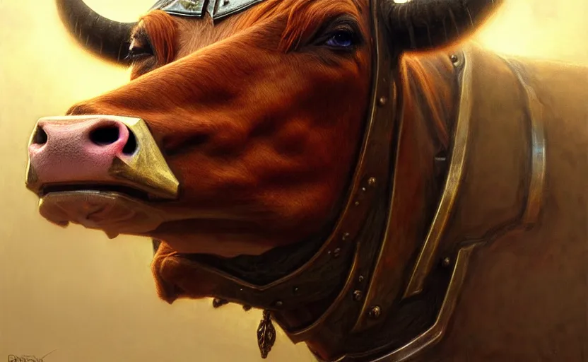Image similar to cow warrior as a realistic fantasy knight, closeup portrait art by donato giancola and greg rutkowski, realistic face, digital art, trending on artstation, symmetry!!
