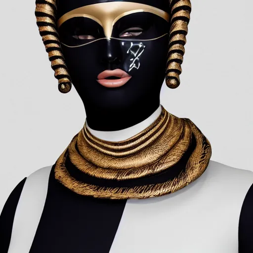 Image similar to portrait of masked dune dynasty with chanel clothes, white background, chanel logo, 8 k, symmetrical, 3 d render, octane render, insane details