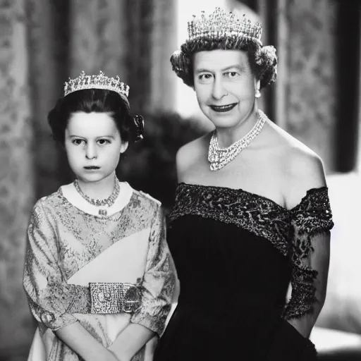 Image similar to A portrait photo of queen elizabeth teams up with a teenage queen elizabeth, perfect faces, 50 mm, award winning photography