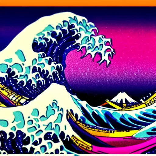 Image similar to the great wave off kanagawa with pink lava and fire, rococo, hyperreal, detailed, 4 k