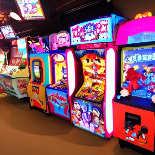 Prompt: a lot of arcade machines being played by really cute stuffed animals inside of a japanese arcade