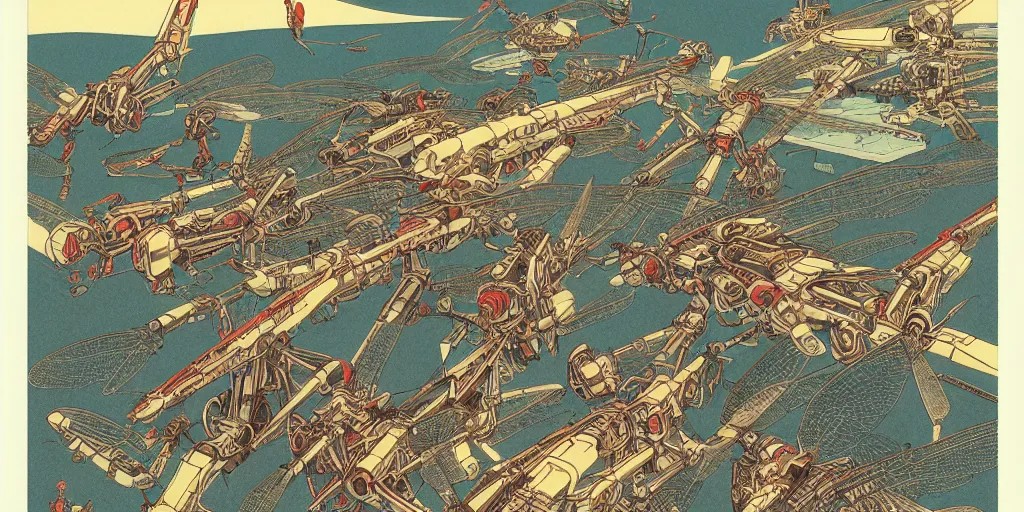 Prompt: gigantic dragonflies, tiny robots, a lot of exotic mecha robots around, human heads everywhere, risograph by kawase hasui, satoshi kon and moebius, 2 d gouache illustration, omnious, intricate, a lot of tiny details, a lot of swimming pools and ice, fullshot