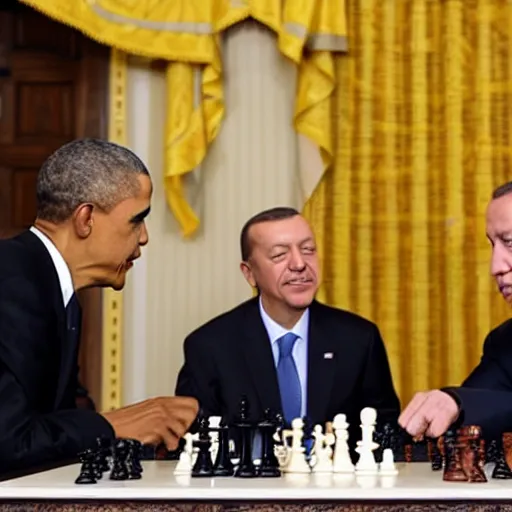 Prompt: barack obama and recep tayyip erdogan playing chess