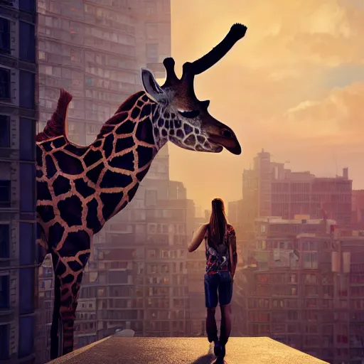 Prompt: a full body painting of a [ strong giraffe standing on rooftop ] ( two legs ), intricate, epic lighting, cinematic composition, hyper realistic, 8 k resolution, unreal engine 5, by artgerm, tooth wu, dan mumford, beeple, wlop, rossdraws, james jean, andrei riabovitchev, marc simonetti, artstation