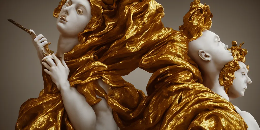 Prompt: baroque delicate full-body marble sculpture of hyper realistic brushstrokes, gold silk flowing fabric, Trending on artstation, octane render, cinematic, hyper realism, octane render, 8k, depth of field