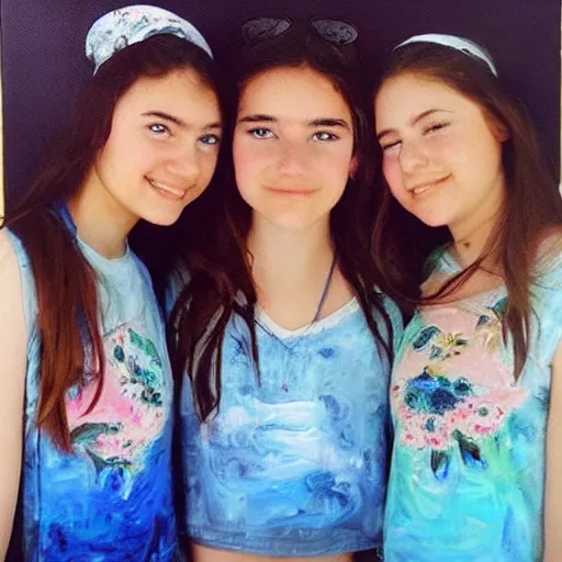 Image similar to “springbreak party, 3 teenage girls, blue tones, hyper realistic oil painting”