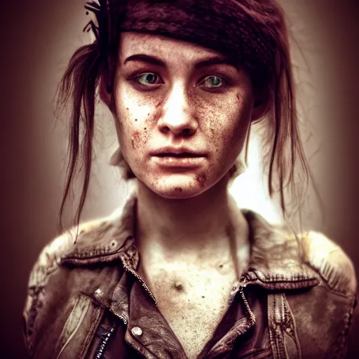 Image similar to pretty face, 55mm lens, photorealistic, 4k, post apocalyptic, steakpunk, soft lighting, portrait