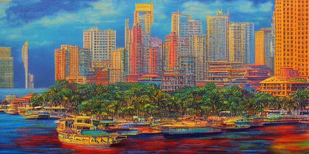 Image similar to colombo sri lanka cityscape, ocean, art by vladimir tretchikoff