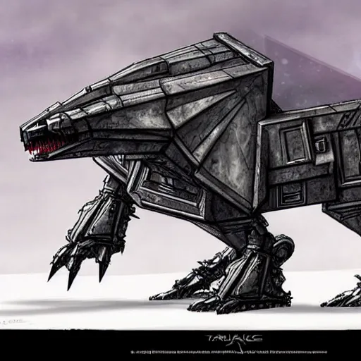 Image similar to a fusion between the tarrasque and an AT-AT, flat grey color, completely metal, imperial symbol, walking across ice planet, firing laser, concept art