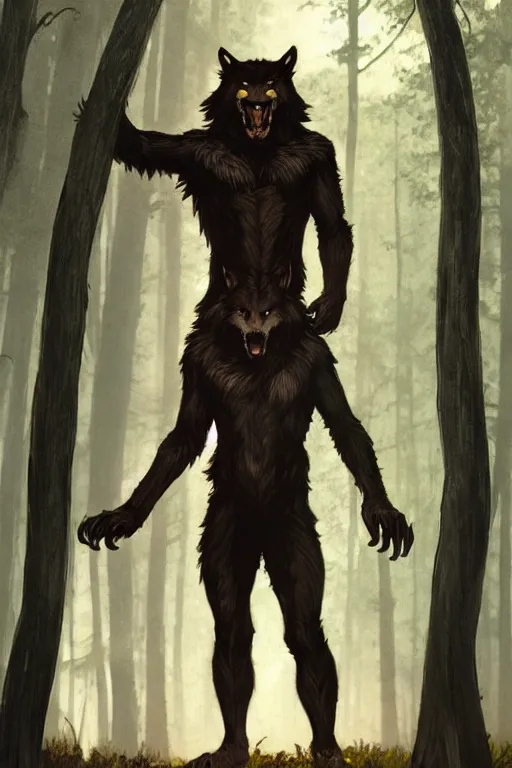 Image similar to fullbody portrait of a male werewolf, bared teeth, long claws, by greg rutkowski and alphonse mucha, gradient brown to silver, in front of a forest at night background, highly detailed, digital painting, artstation, concept art, smooth, sharp focus illustration