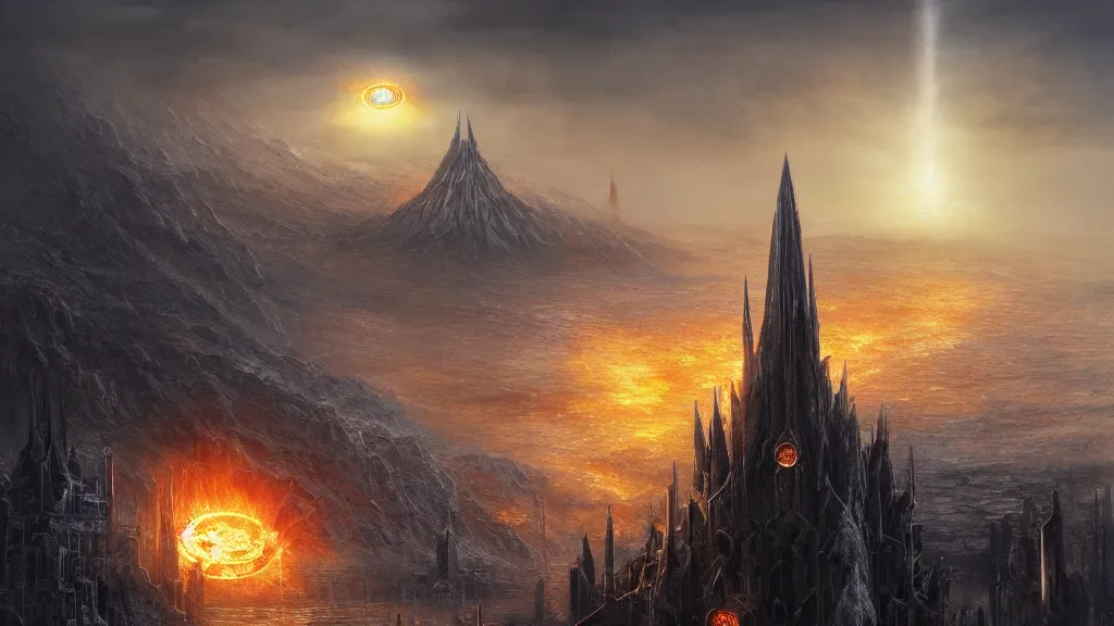 Image similar to flaming eye of sauron above the tower of barad - dur, by alan lee, michal karcz, smooth details, lord of the rings, game of thrones, smooth, detailed terrain, oil painting, trending artstation, concept art, fantasy matte painting