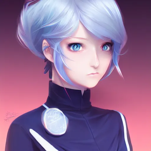 Image similar to high school girl split dimensions, azure blue eyes, silver hair, digital anime art, made by, artgerm and rossdraws, trending on artstation