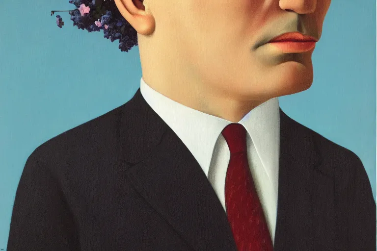 Image similar to portrait of man in a suit that has flowers instead of head by rene magritte, detailed painting, hd, hq, high resolution, high detail, 4 k, 8 k