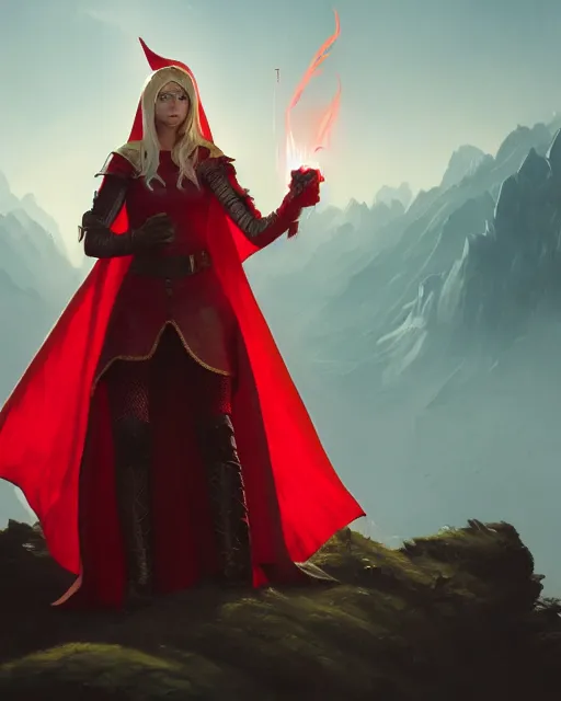 Image similar to character portrait of a female elf priest in a scale mail and a red cape casting a fire spell in a shape of a dragon, by greg rutkowski, trending on artstation, unreal engine 4 k, 8 0 mm, 8 5 mm, cinematic wallpaper