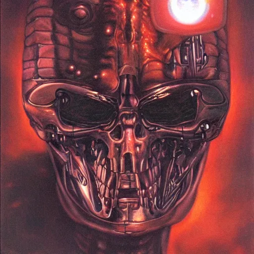 Image similar to The Terminator (1984) by Gerald Brom, glowing eyes