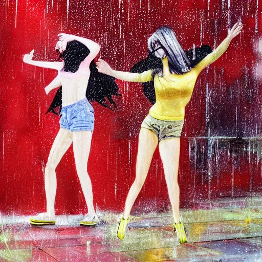 Image similar to banana wearing red shorts dancing in the rain, hyper detailed, photo realistic