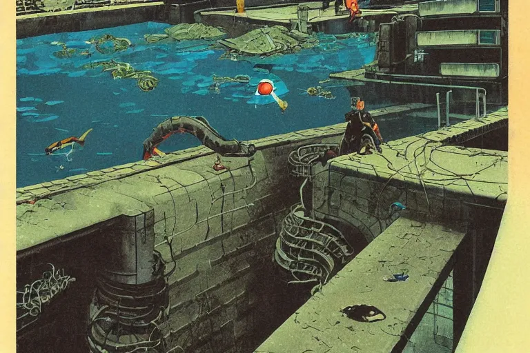 Image similar to 1 9 7 9 omni cover of a sewer pipe near spewing fish and trash into a moat in tokyo. entire background is a wall. art in cyberpunk style by dali, and vincent di fate