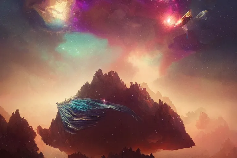 Prompt: glitched fantasy painting, the night sky is an upside down ocean, digital rectangular vhs glitches, the stars are fish in the depths, the night sky is a sea, distant nebula are glowing algae, the moon is an anglerfish by jessica rossier