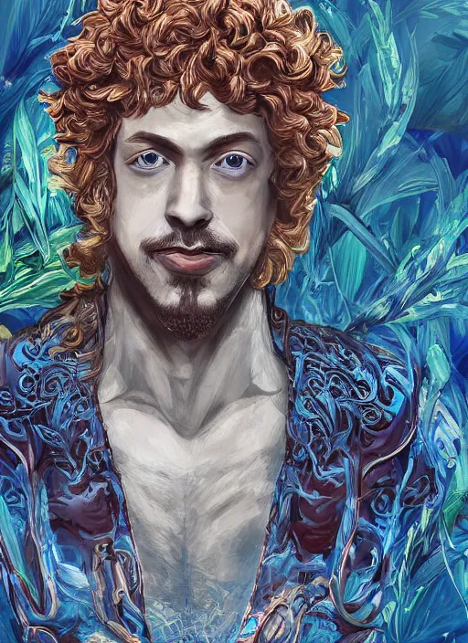 Image similar to portrait of Sam Hyde as a Greek God of a futuristic sigma War, gigachad look, inside future fighter, sci-fi, fantasy, intricate, lush garden spaceship with sakura season flowers in Kyoto Japan, elegant, human anatomy, royal blue and nature light, highly detailed, digital painting, artstation, concept art, smooth, sharp focus, illustration, art by WLOP and Ruan Jia and Mandy Jurgens, masterpiece, 3d blender