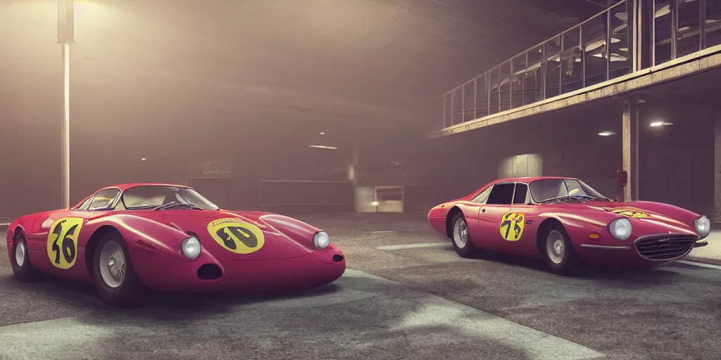 Prompt: a wholesome animation key shot of a focused old ferrari car parked in an multi-storey car park, medium shot, waist up, studio Ghibli, Pixar and Disney animation, sharp, very detailed, high resolution, Rendered in Unreal Engine 5, anime key art by Greg Rutkowski, Bloom, dramatic lighting