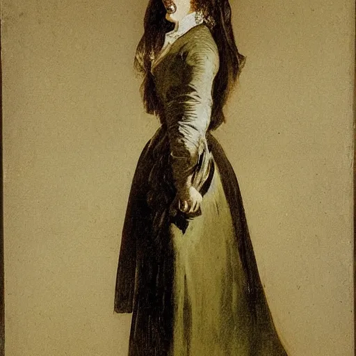 Prompt: portrait of a young woman with a happy face in the year 1810 by Francisco José de Goya y Lucientes, a Spanish romantic painter and printmaker