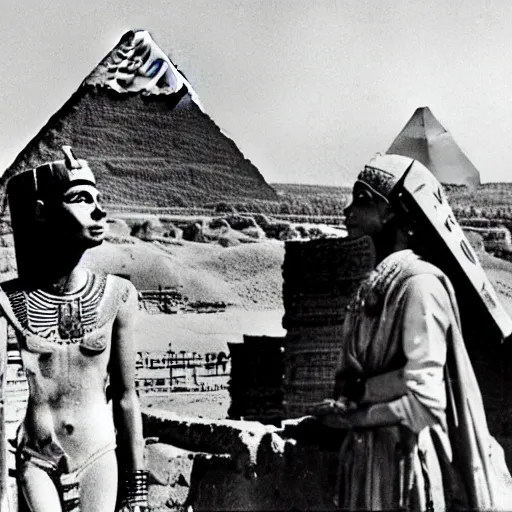 Prompt: a rare candid photograph taken of young queen nefertiti and tutankhamun clearly showing their faces talking to workers with the construction of the khufu pyramid in the background, dslr