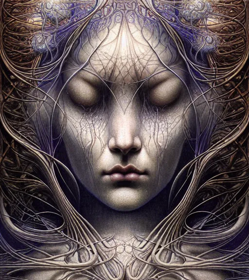 Image similar to detailed realistic beautiful lightning goddess face portrait by jean delville, gustave dore, iris van herpen and marco mazzoni, art forms of nature by ernst haeckel, art nouveau, symbolist, visionary, gothic, neo - gothic, pre - raphaelite, fractal lace, intricate alien botanicals, ai biodiversity, surreality, hyperdetailed ultrasharp octane render