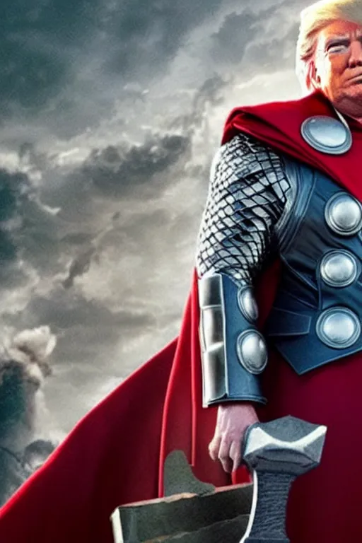 Image similar to donald trump as thor, wielding hammer, ready for battle, movie still