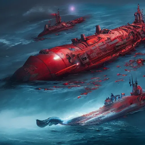 Image similar to mystical submarine in the depths of an ocean of blood, hyperdetailed, artstation, cgsociety, 8 k