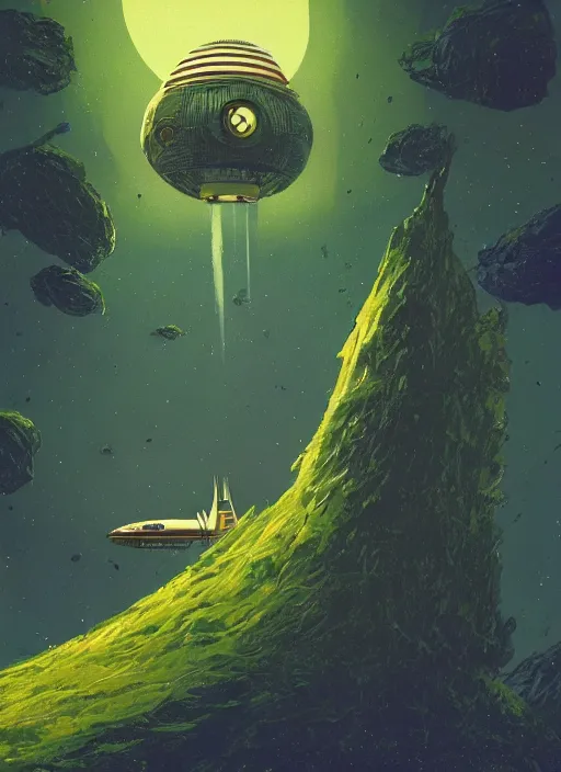 Prompt: spaceship hovering over an alien planet, forest with strange plants, low angle shot, concept art, by chris foss and michael whelan, concept art, digital illustration, trending on artstation, 8 k