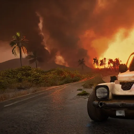 Prompt: far cry car leaking black tar chaotic intensive apocalyptic adrenaline anger oil black tar landscape wasteland miami desert on fire landscape natural disasters sunset palm trees landscape on fire unreal engine fallout style james gurney, henry moore style