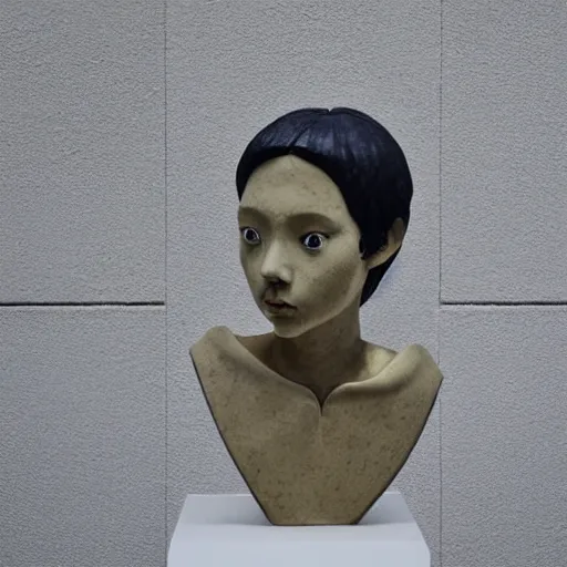 Prompt: A beautiful sculpture. She looks up at me, up and down. She has short-cropped hair, and a scar on her left cheekbone: just a line of black against her deep tan, precise and geometrical. Her eyes are pale green. by Inio Asano rigorous