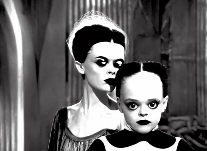 Prompt: bride of frankenstein ( 1 9 3 5 ) as child wednesday addams, still from the addams family ( 1 9 9 1 )