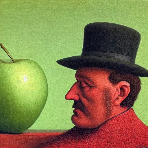 Prompt: Victorian gentlemen wearing a bowler hat behind the green apple, by beksinski and magritte