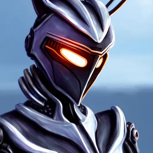 Image similar to bust shot of a cute stunning robot anthropomorphic female dragon, with sleek silver armor, a black OLED visor over the eyes, making a cute pose, on the beach at sunset, highly detailed digital art, furry art, anthro art, sci fi, warframe art, destiny art, high quality, 3D realistic, Furaffinity, Deviantart