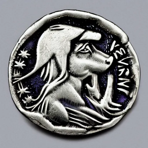 Image similar to twilight sparkle on a roman denarius coin. short muzzle, big eyes, mane