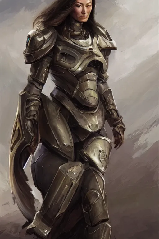 Image similar to a professional painting of a young Olivia Wilde, clothes in military armor, olive skin, long dark hair, beautiful bone structure, symmetrical facial features, intricate, elegant, digital painting, concept art, smooth, sharp focus, illustration, from StarCraft by Ruan Jia and Mandy Jurgens and Artgerm and William-Adolphe Bouguerea