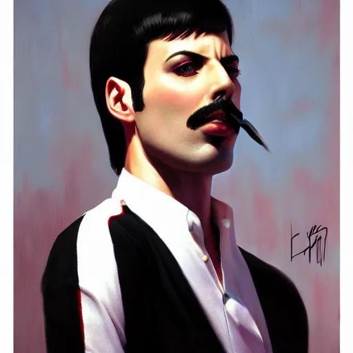 Image similar to of an ultradetailed beautiful portrait panting of freddie mercury, front view, oil painting, by ilya kuvshinov, greg rutkowski and makoto shinkai