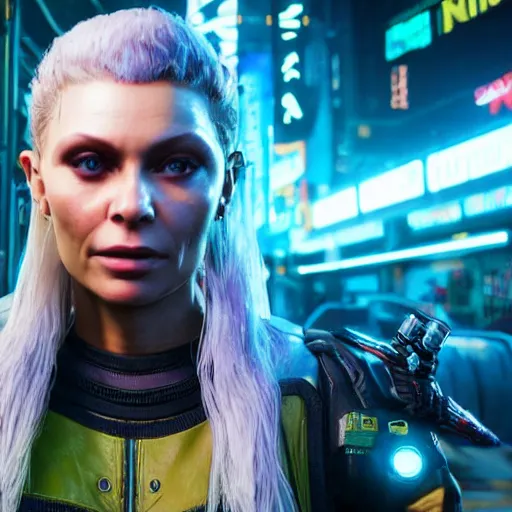 Image similar to myanna buring in cyberpunk 2 0 7 7, unreal engine 5 4 k, hyperdetailed photorealism