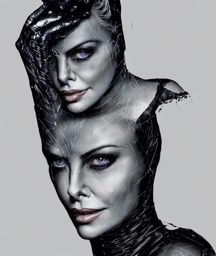 Image similar to portrait of charlize theron as a catwoman. intricate abstract. intricate artwork. by tooth wu, wlop, beeple, dan mumford. octane render, trending on artstation, greg rutkowski very coherent symmetrical artwork. cinematic, hyper realism, high detail, octane render, 8 k, iridescent accents.