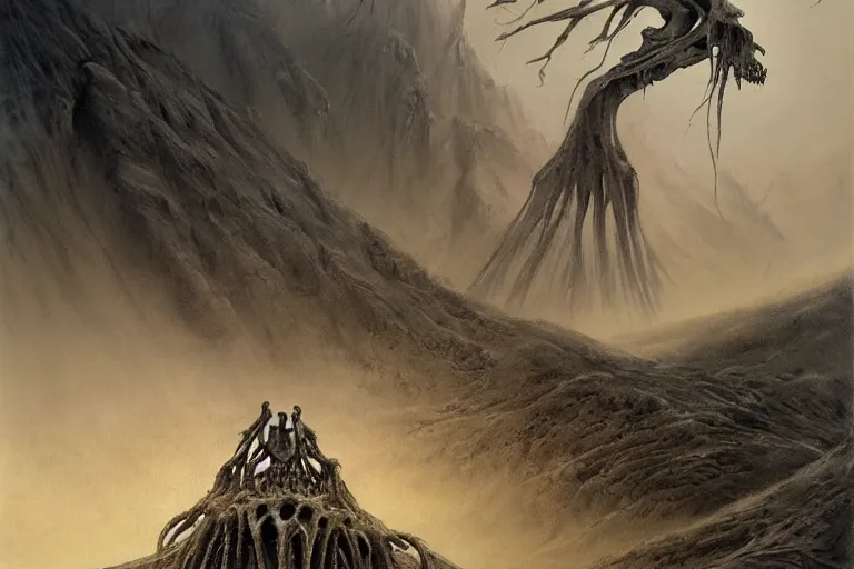 Image similar to amazing concept painting, by Jessica Rossier and HR giger and Beksinski, prophecy, hallucination, the middle of a valley; it was full of bones, bones that were very dry, there was a noise, a rattling sound, and the bones came together, bone to bone , I looked, and tendons and flesh appeared on them and skin covered them, but there was no breath in them and breath entered them, they came to life and stood up on their feet a vast army