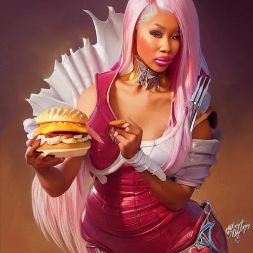 Prompt: Nicki Minaj eating big macs, dripping BBQ Sauce, serving happy meals, D&D, spilling ketchup, fantasy, intricate, elegant, highly detailed, digital painting, artstation, concept art, matte, sharp focus, illustration, hearthstone, art by Artgerm and Greg Rutkowski and Alphonse Mucha