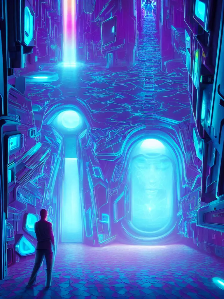 Image similar to entrance to mainframe ethereal realm, ai sentient, octane render, central composition, symmetrical composition, dreamy colorful cyberpunk colors, 6 point perspective, fantasy landscape with anthropomorphic terrain in the styles of igor morski, jim warren and rob gonsalves, intricate, hyperrealistic, volumetric lighting, neon ambiance, distinct horizon