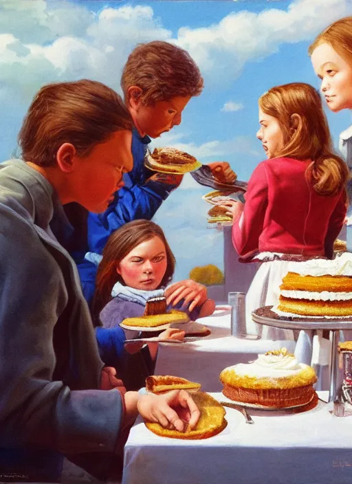 Image similar to greta thunberg eating cakes, artwork by earl norem, detailed digital art, trending on Artstation