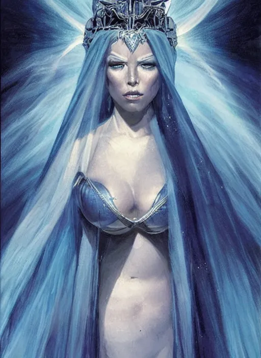 Image similar to portrait of mighty plump female sorceress, blue tiara and veil, lightning halo, strong line, muted color, beautiful! coherent! by brom