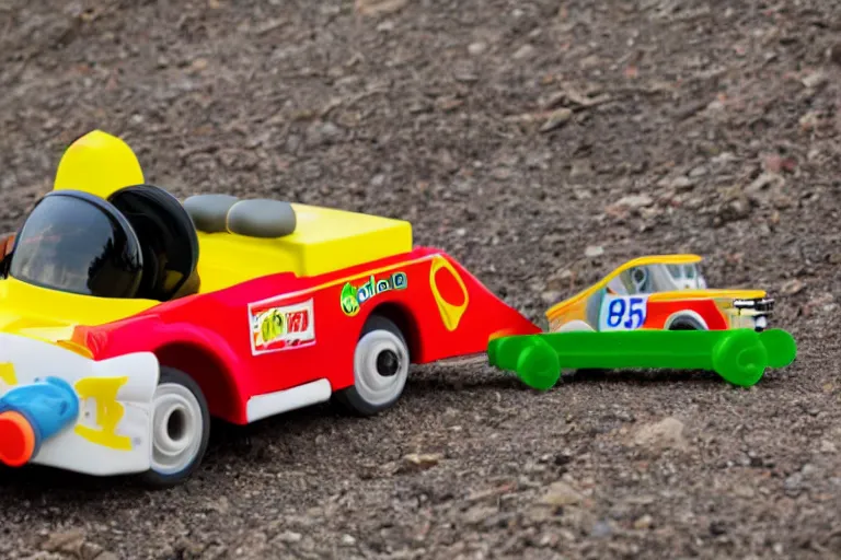 Image similar to fisher price race car through suburban mountains, construction in the distance Scene from TV show 85mm